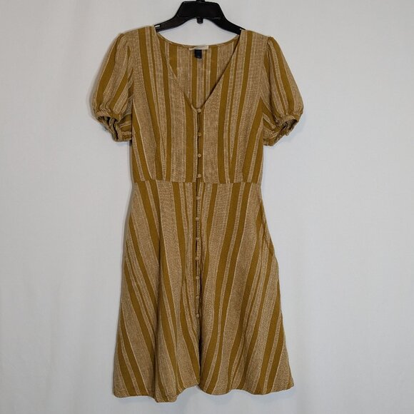 UNIVERSAL THREAD Gold/White Stripe Short Sleeve Linen Blend Dress; Size S - Picture 1 of 4